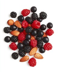 A playful scattering of mixed berries and almonds styled for a casual snack theme, isolated on white