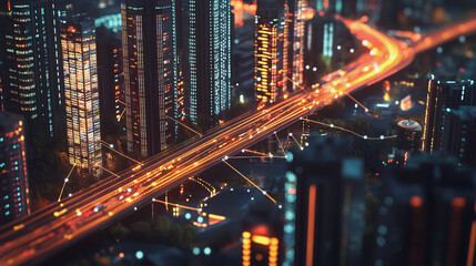 Obraz premium Smart Innovation city with connection cyber security network reciprocity over the night cityscape future wireless digital city and social media networking systems that connects people in the city