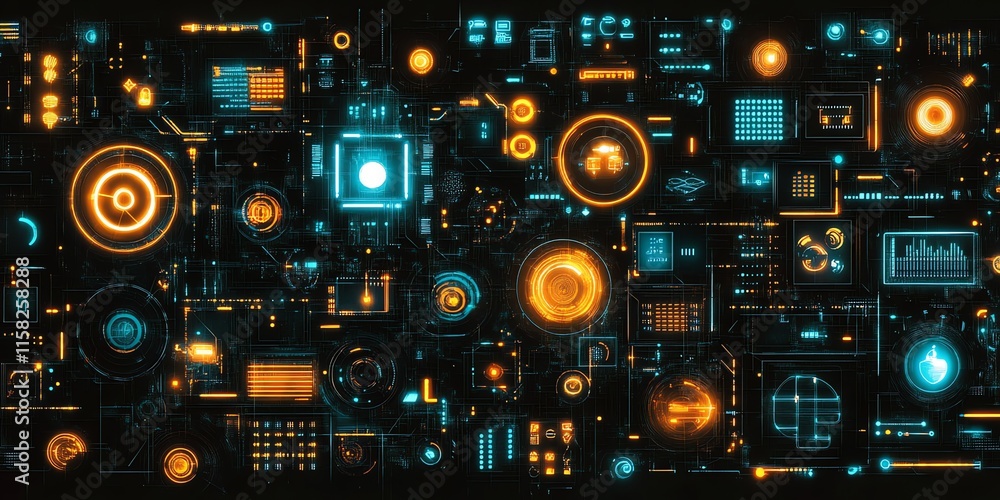 Poster Abstract digital interface with glowing elements, representing technology and data visualization.