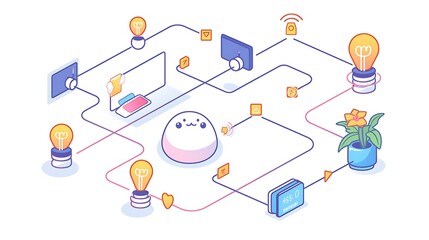 Illustration of a smart home with connected devices and automation icons