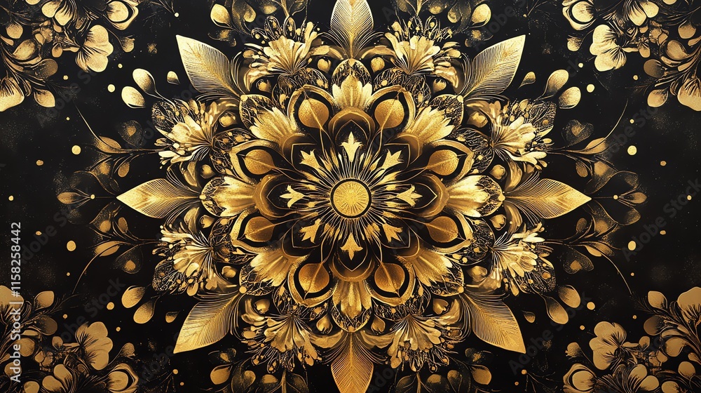 Poster a symmetrical floral design in gold and black, showcasing intricate patterns and elegance.