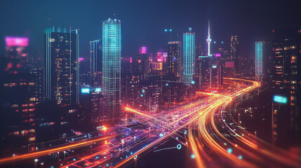Obraz premium Smart Innovation city with connection cyber security network reciprocity over the night cityscape future wireless digital city and social media networking systems that connects people in the city