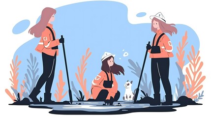 Illustration of wildlife conservation efforts with volunteers in a sanctuary