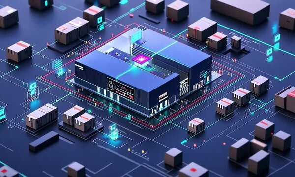 Futuristic Smart Warehouse with Automated Logistics Network
