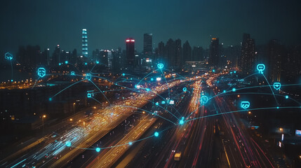 Fototapeta premium Smart Innovation city with connection cyber security network reciprocity over the night cityscape future wireless digital city and social media networking systems that connects people in the city