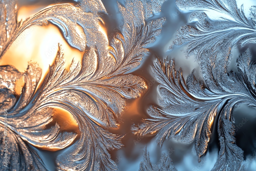 Poster Intricate frost patterns on glass with warm light in the background.