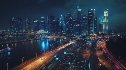 Smart Innovation city with connection cyber security network reciprocity over the night cityscape future wireless digital city and social media networking systems that connects people in the city