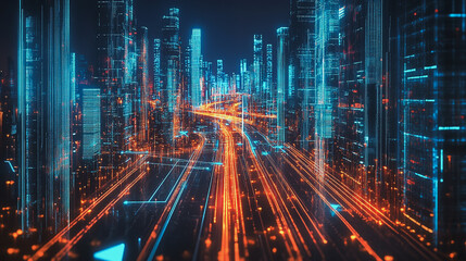 Obraz premium Smart Innovation city with connection cyber security network reciprocity over the night cityscape future wireless digital city and social media networking systems that connects people in the city