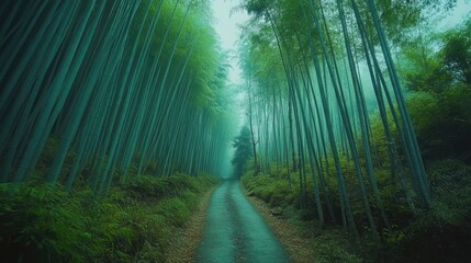 Fototapeta premium Misty road leading through lush green bamboo forest