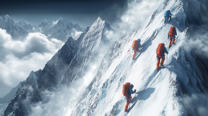 A team of mountaineers climbing the snowy mountain, with clouds and mist below them
