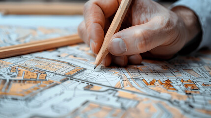 Hand Drawing on Detailed Cadastre Map for Urban Planning and Land Surveying Concepts
