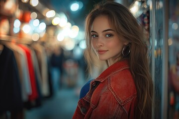 Obraz premium Fashionable young woman posing in a night market with bokeh lights
