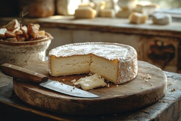 Camembert cheese wheel with knife on wooden cutting board in rustic kitchen