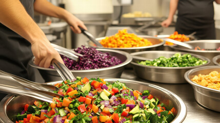 Obraz premium Fresh vegetable preparation in kitchen with colorful salads being mixed. Chefs use tongs to create healthy dishes, showcasing vibrant ingredients and teamwork