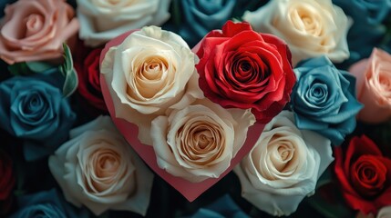 Red and white roses forming a heart shape on blue background