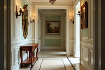 Elegant Victorian Hallway in Warm Tones Showcasing Classic Interior Design