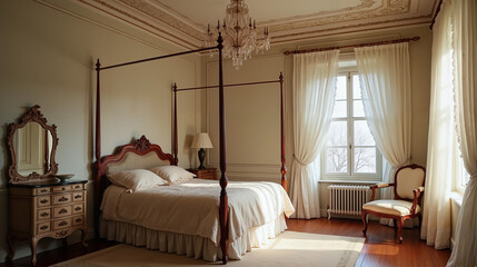 Elegant Vintage Bedroom with Four-Poster Bed in Warm Tones for Luxurious Comfort