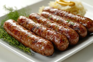 Grilled sausages served on white plate with mashed potatoes and mustard