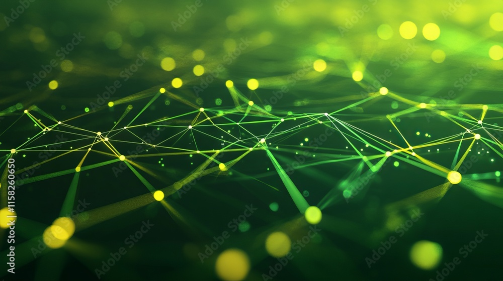 Poster futuristic high tech 3d render with green and yellow background and interconnected network lines ill