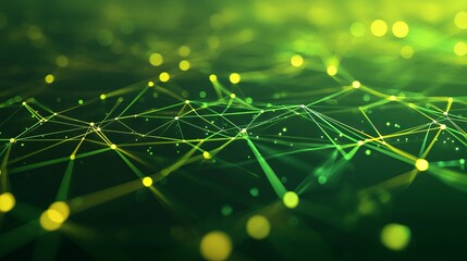 Futuristic high tech 3d render with green and yellow background and interconnected network lines illustrating connectivity concept