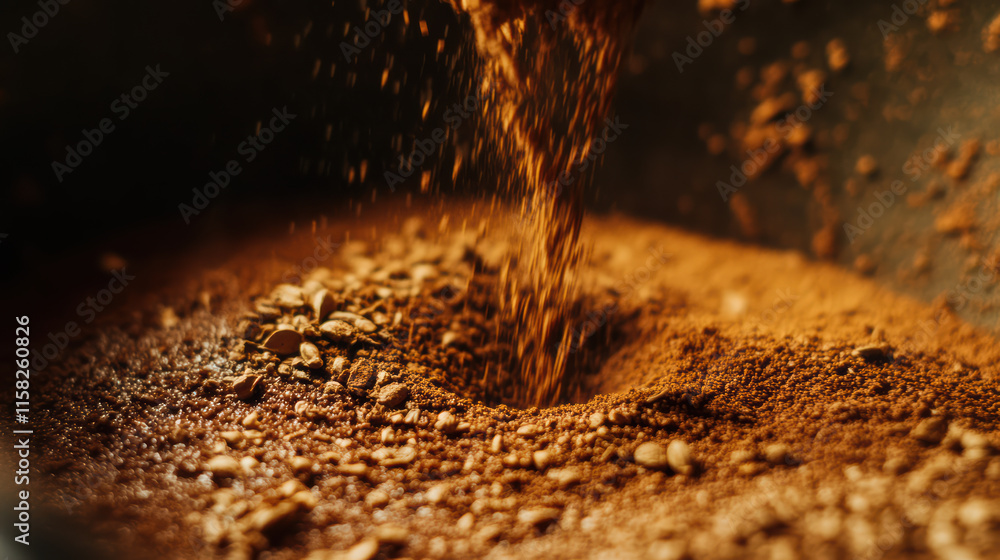 Poster close up of spices being poured into pan, creating rich blend of flavors and aromas. texture of spic