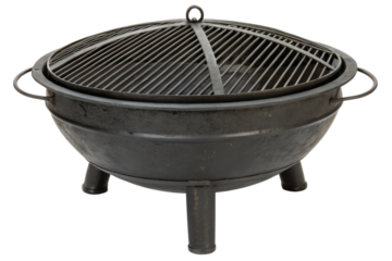 Black metal fire pit with grill grate isolated with transparent background
