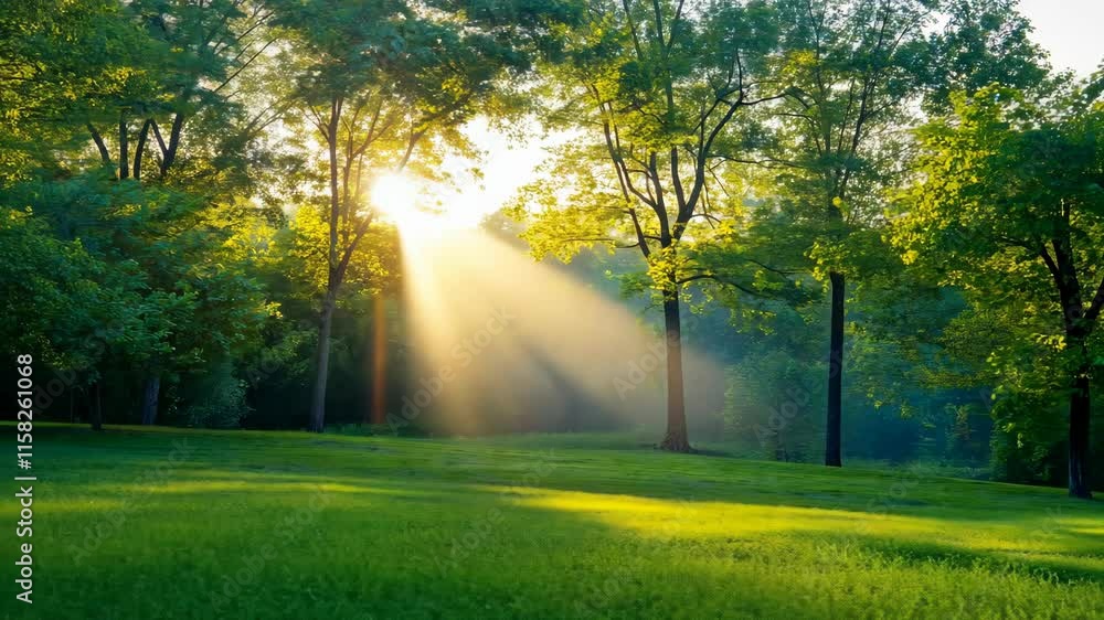 Poster sunlight filters through trees in a serene forest clearing at dawn, creating a peaceful atmosphere