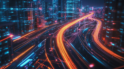 Smart Innovation city with connection cyber security network reciprocity over the night cityscape future wireless digital city and social media networking systems that connects people in the city