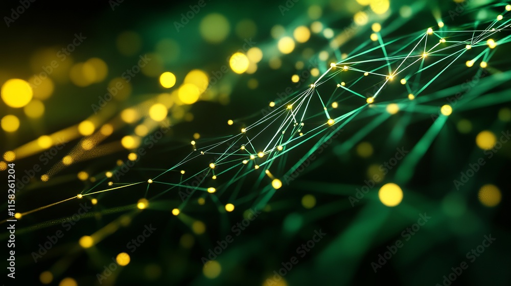 Poster futuristic high tech 3d render with green and yellow background and interconnected network lines ill