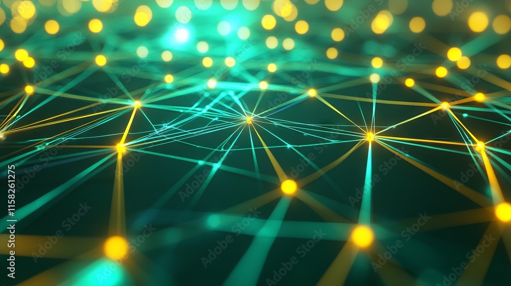 Poster futuristic high tech 3d render with green and yellow background and interconnected network lines ill