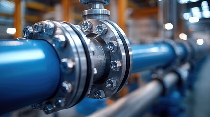 Fototapeta premium Large industrial valve regulating flow in a blue pipeline