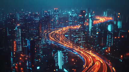 Fototapeta premium Smart Innovation city with connection cyber security network reciprocity over the night cityscape future wireless digital city and social media networking systems that connects people in the city