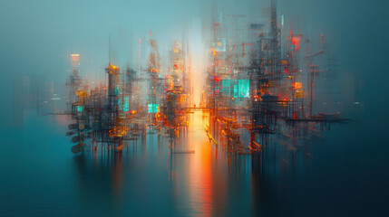 Obraz premium vibrant cityscape with abstract oil rigs and glowing lights reflecting on water. scene evokes sense of innovation and energy