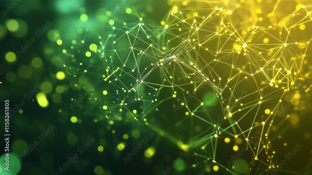Poster futuristic high tech 3d render with green and yellow background and interconnected network lines ill