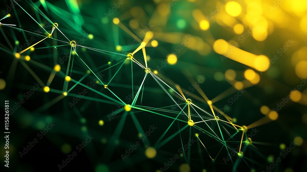 Poster futuristic high tech 3d render with green and yellow background and interconnected network lines ill