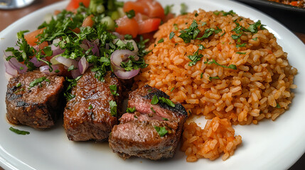 Fototapeta premium A plate of Spiced Mexican Rice, Beans, and Beef with Cilantro and Creamy Sauce