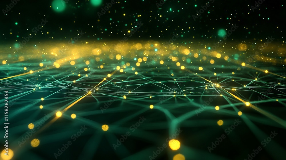 Poster futuristic high tech 3d render with green and yellow background and interconnected network lines ill