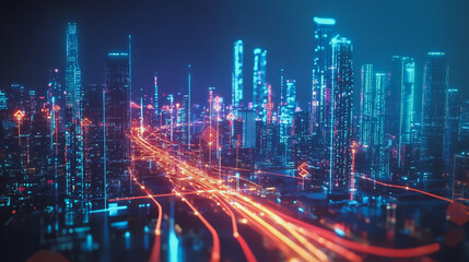 Fototapeta premium Smart Innovation city with connection cyber security network reciprocity over the night cityscape future wireless digital city and social media networking systems that connects people in the city