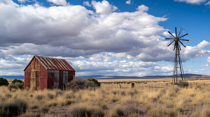 Rustic red barn and weathered windmill on a vast, dry landscape under a cloudy sky.
