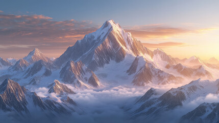 A cinematic photograph of the K2 mountain in snow, at sunrise, with an epic view, ultra-realistic in style