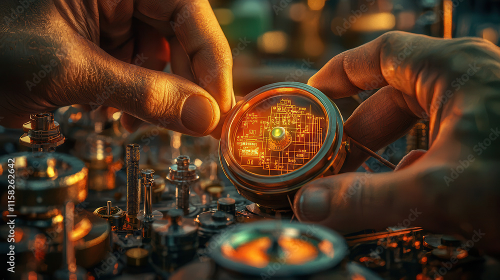 Poster close up of engineer hands adjusting holographic display, showcasing intricate circuitry and glowing