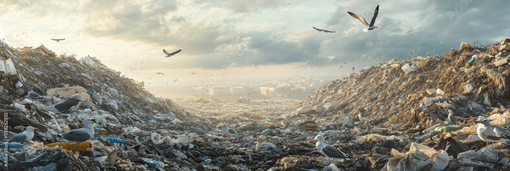 Aufkleber massive landfill with seagulls soaring overhead and clouds in the background creating a striking lan
