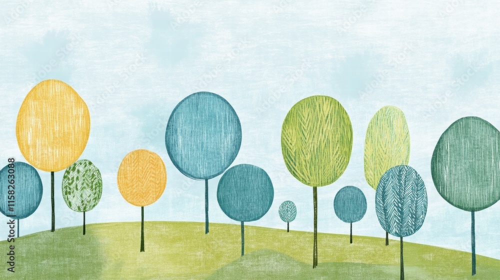 Poster bright naive art landscape featuring colorful trees with copy space for creative text placement. gen