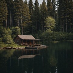 Fototapeta premium A quiet lakeside cabin surrounded by trees.