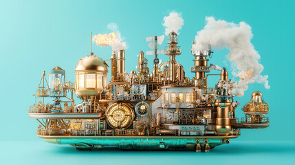 Fototapeta premium Steampunk oil rig with intricate machinery and golden details, showcasing industrial design and creativity