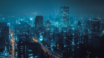 Obraz premium Smart Innovation city with connection cyber security network reciprocity over the night cityscape future wireless digital city and social media networking systems that connects people in the city