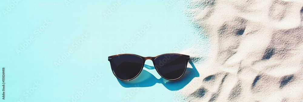 Poster stylish sunglasses resting on sandy beach with turquoise water in the background inviting relaxation