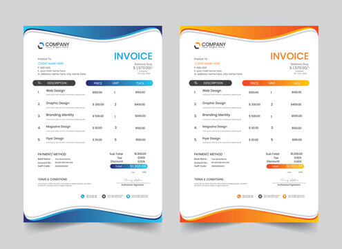 Corporate Business Invoice design template.
Bill form price invoice vector illustration.
Creative invoice template with A4 size,
Modern invoices with 2 color sets.
