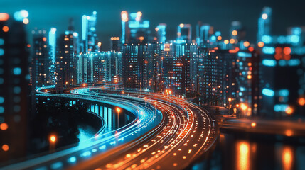 Fototapeta premium Smart Innovation city with connection cyber security network reciprocity over the night cityscape future wireless digital city and social media networking systems that connects people in the city