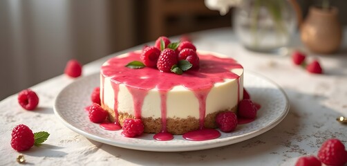 Elegant Raspberry Cheesecake with Fresh Raspberries and Mint Garnish